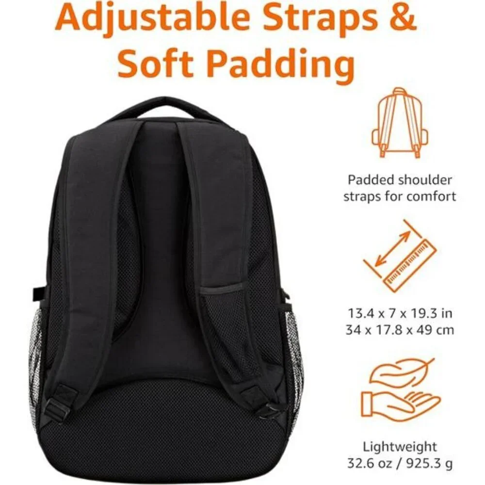 Basics Black Laptop Backpack Fits 17 Inch Travel School Work Bag Organizer